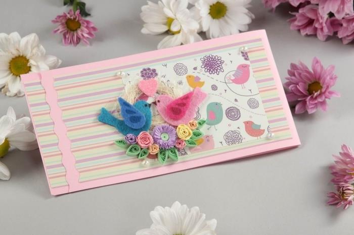 „Scrapbooking“ gimtadienio atvirukas, rožinės spalvos atviruko šablonas su paukščių ir gėlių laužo figūrėlėmis