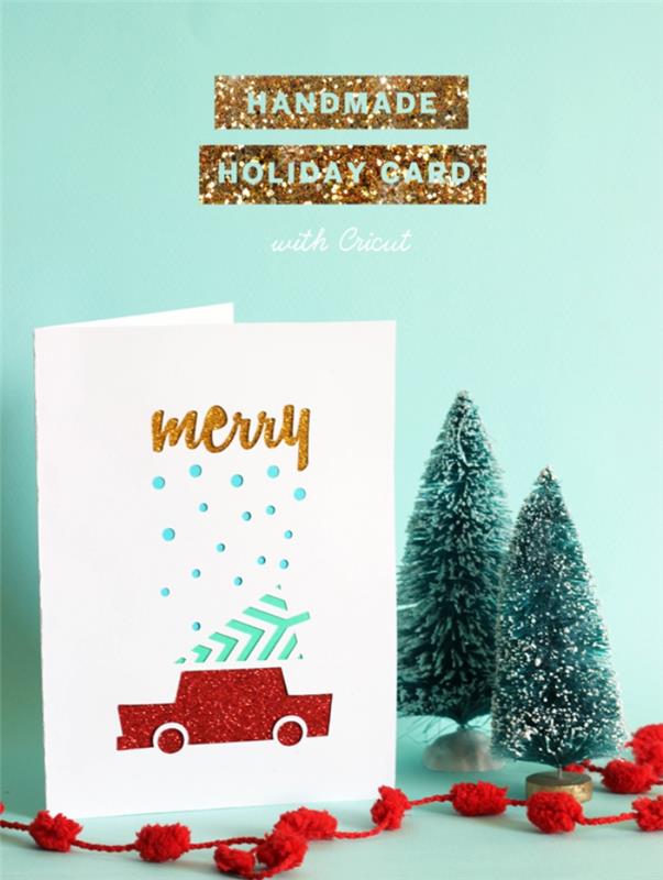 Kendiniz yapabileceğiniz kolay Noel kartı, Noel motifli beyaz kart stoğu, renkli kağıttan kesilmiş figürlerle kağıt sanatı tekniği