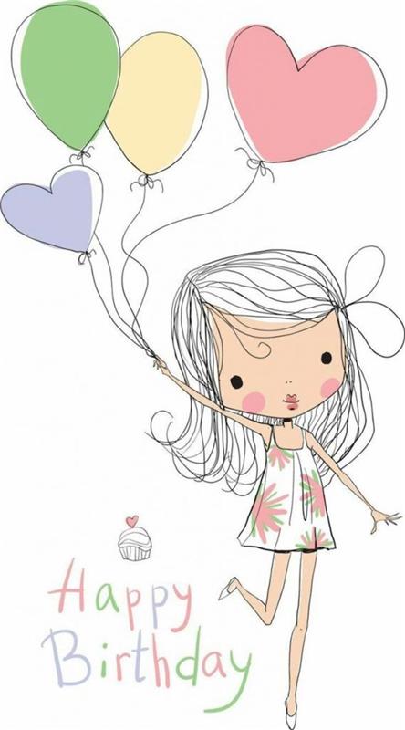 Vesel rojstni dan punca, risanje najboljše prijateljice, risanje za rojstnodnevno punco z baloni v roki