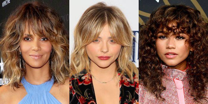 Kirpčiukai ir nuolydis ant garbanotų plaukų, trys šukuosenų idėjos skirtingos plaukų spalvos, moters kirpimas 2020, moters šukuosenos modelis