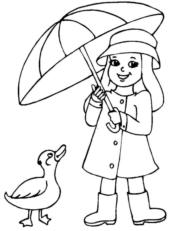 Pobarvanka deklica z dežnikom v rokah in raco zraven na belem ozadju, barvanje za tiskanje