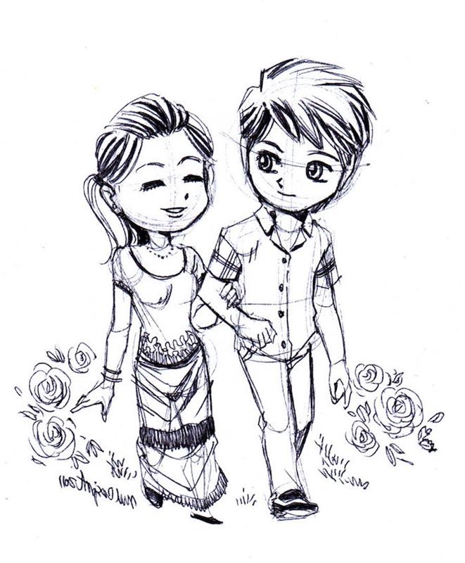 açık havada yürüyen aşık kız ve erkek insanlar manga grafik tarzı çizim çiçeklerle çevrili