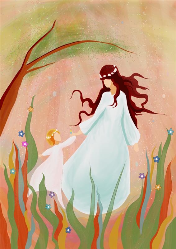 Moteris su ilga balta suknele ir gėlių vainiku ir jos dukra atitinkančia apranga su Motinos dienos spalvinimo puslapiu, mamos dienos atvaizdus galima pasiūlyti kaip dovaną