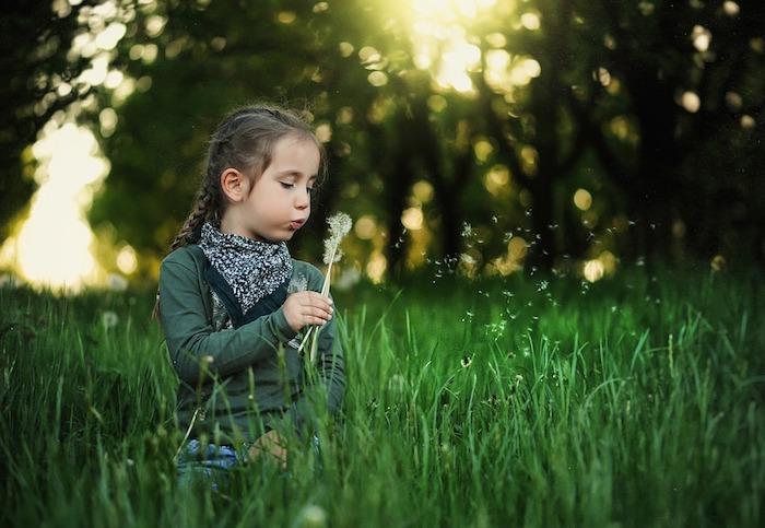Little Girl and Regrat, Green Field, Sunny Trees, Spring Wallpaper, Japanese Landscape Wallpaper