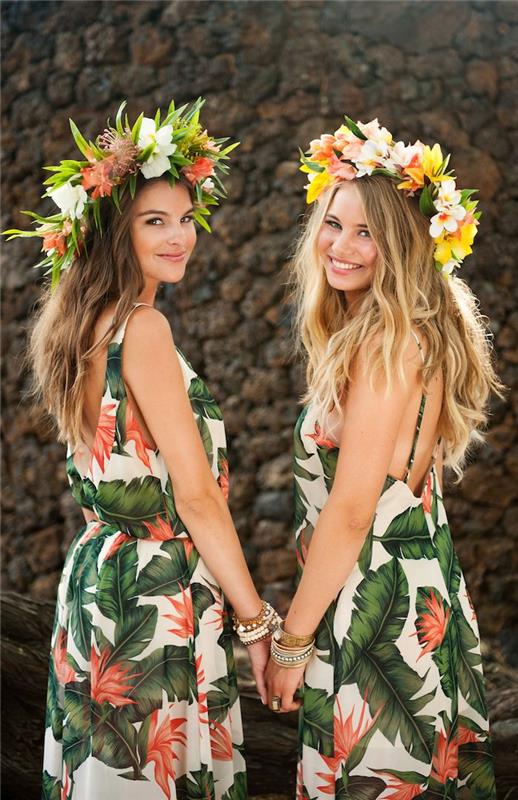 Çiçek taç, tropikal desen elbise, karnaval kostümü, kadınlar için güzel renkli kostüm