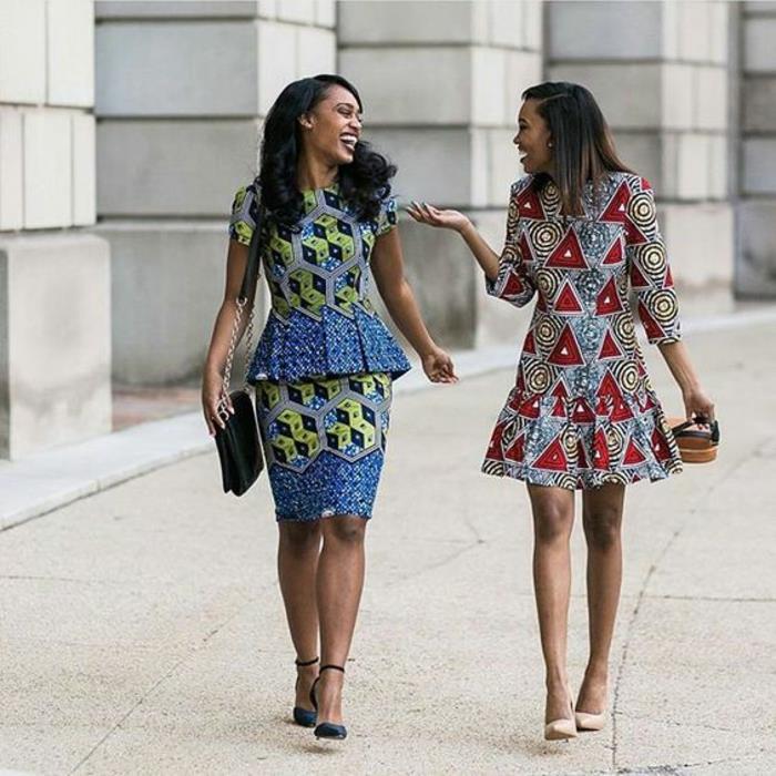 dva elegantna videza, obleke v afriškem slogu oblačil, afriška moda, geometrijski trikotniki in vzorci ruš, mestni slog