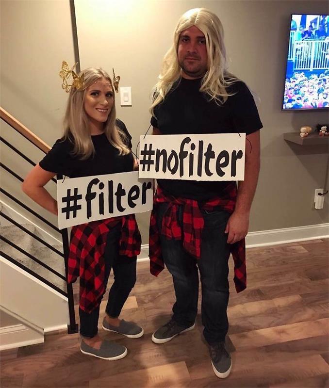 Juokinga vyro ir moters kostiumo idėja, nuotrauka be ir su filtru tos pačios moters Helovino kostiume porai