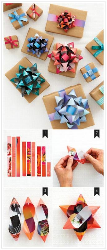 Pacchi regalo decorati, fiocchi di carta, tutorial come fare i fiocchi