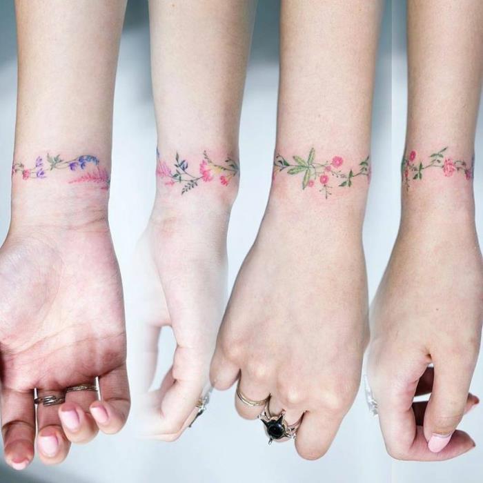fiori-tattoo-signifikato-idea-bracciale-foglie-rose-colorati-intorno-polso