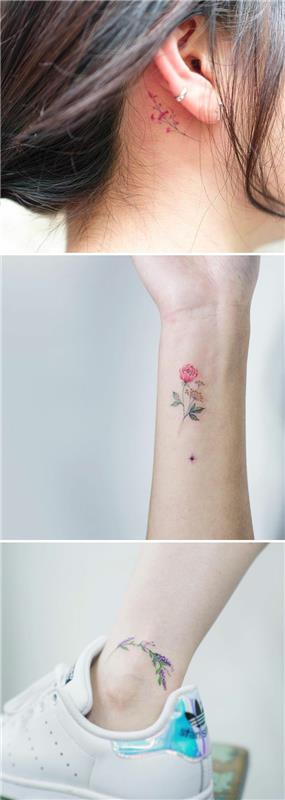 Mini dövmeleri seçecek kadınlar için narin çiçek omuz dövmesi