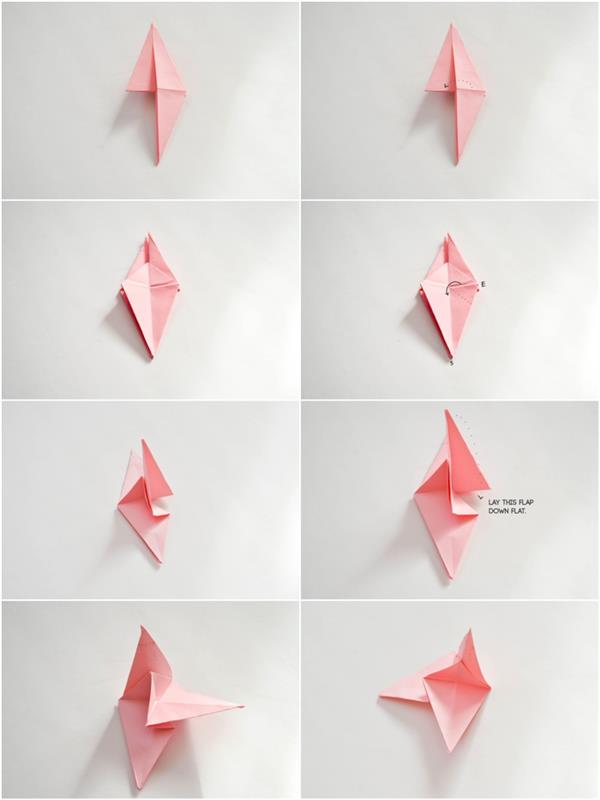 žingsnis po žingsnio padarykite origami gėlę gražios rožės pavidalu su harmoningomis raukšlėmis, origami dekoratyvinę idėją su origami rožių gėlių girlianda