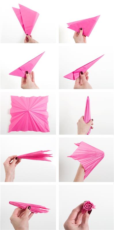Kendiniz yapmak için kağıt mendil çiçek mdele, bir gül oluşturmak için origami katlamalı kağıt çiçek öğreticisi
