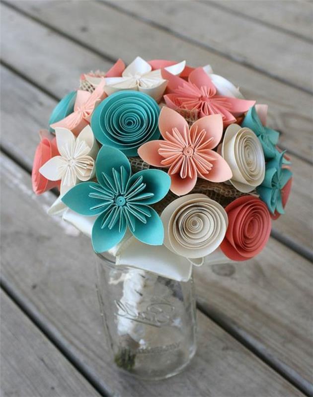 origami kağıt çiçek, pembe, mavi, beyaz ve kırmızı kağıttan nasıl kendi yapılacağına dair fikir, cam kavanoza konan bir buket