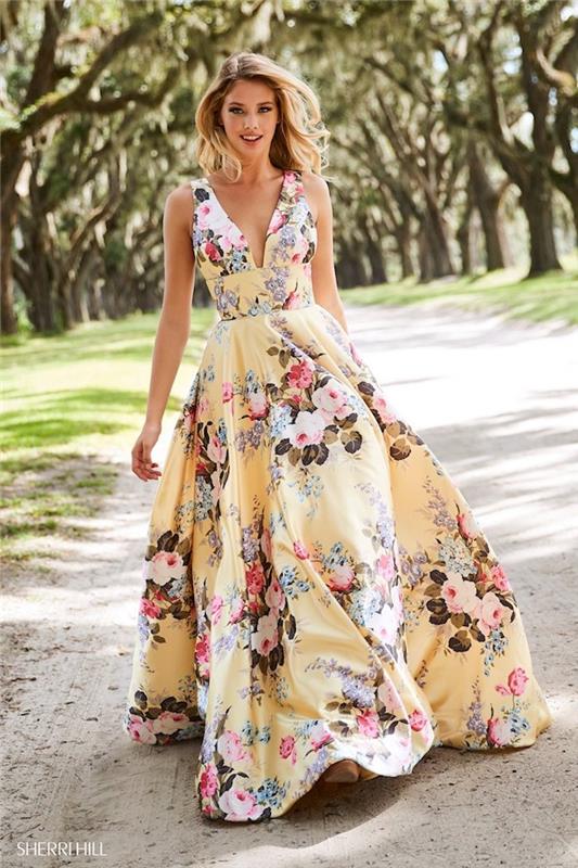 Rumena cvetlična obleka, boemska elegantna obleka, elegantna kratka večerna obleka, dolga obleka kot nalašč za poroko