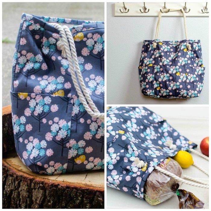 Güzel çiçekli kumaş çanta, mavi arka plana sahip modaya uygun yaz çiçekleri yapmak için çanta modeli