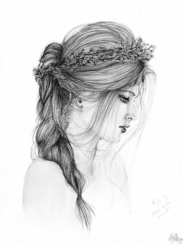 črno -bela skica, risba deklet, pleten stranski čop, cvetlična krona na glavi