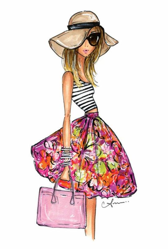 cvetlično krilo, roza torba, srčkane skice, črno -beli črtasti top, velik sončni klobuk, črna sončna očala