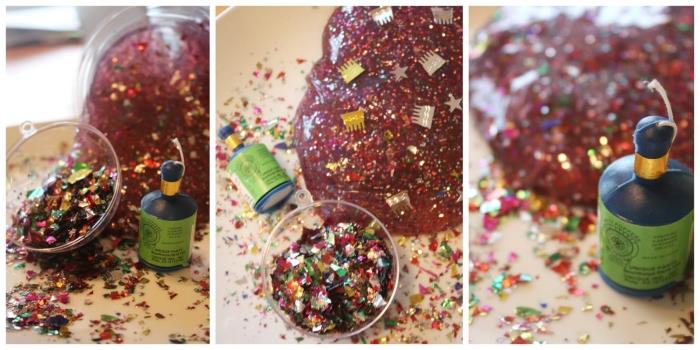 Slime fatto in casa con della colla glitter and confetti colorati mescolati all'interno della makaronai