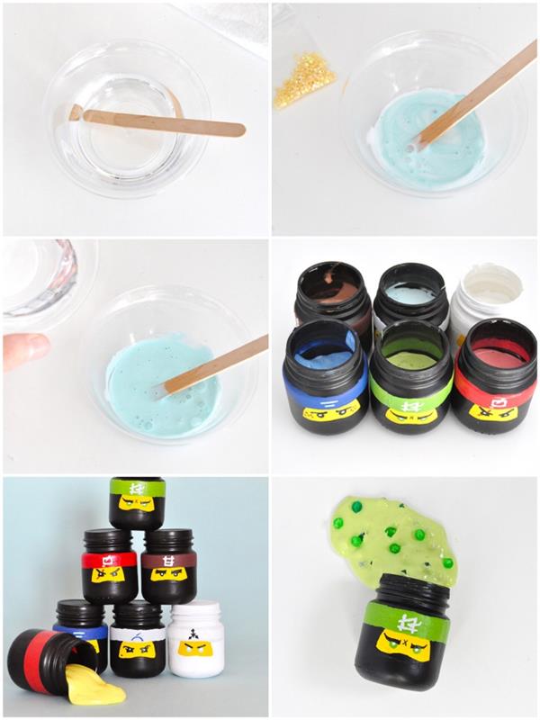 Ingredientai per fare lo slime in barattoli di plastica nera decorati con i personaggi di Lego Ninjago