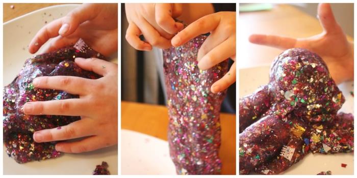Idėja per slime ricetta con confetti colorati tema tema natalizio, makaronų modeliavimas tra le mani di un bambino