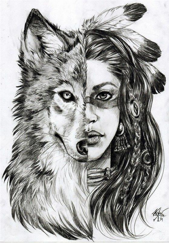 Pridite disegnare una ragazza, ritratto di donna e lupo, metà lupo meta donna
