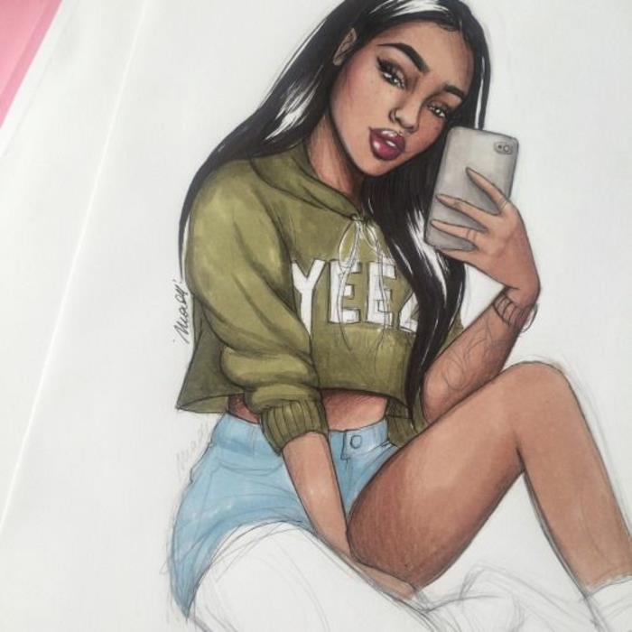 Disegni tumblr facili da copiare, disegno con matite colorate, ragazza con telefono