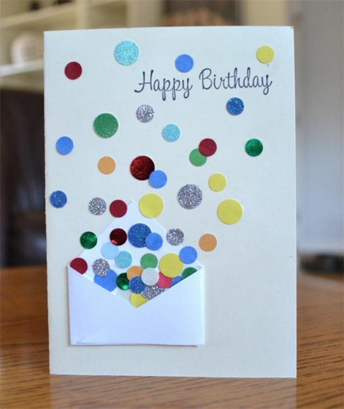 Cartolina con coriandoli, scritta a mano, cerchi colorati