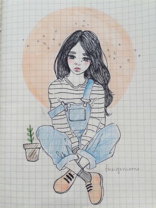 Foglio a quadretti piccoli, disegno ragazza, vaso içinde abbozzo di piantina