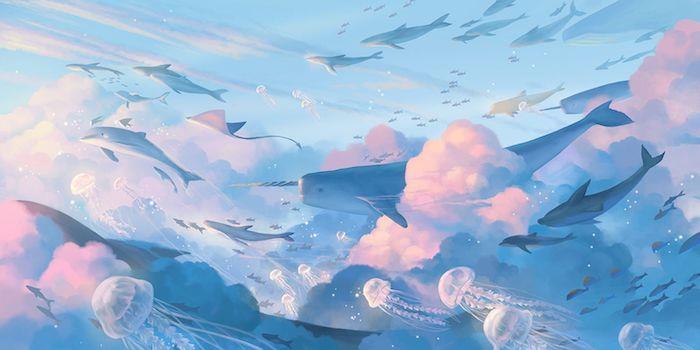 pastelinis mėlynas fonas su rožiniais akcentais tema jūros dugnas jūros debesys gyvūnai