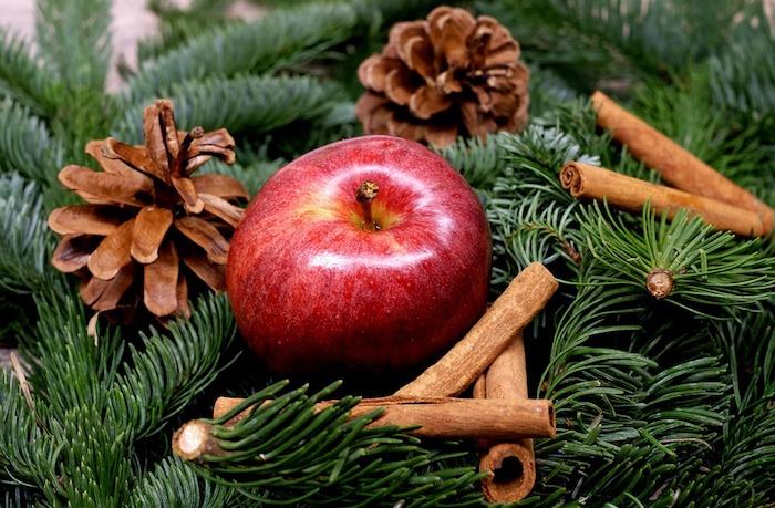 Kalėdinių tapetų pavyzdys iš žalių pušų šakų, kankorėžių ir raudonų obuolių bei cinamono