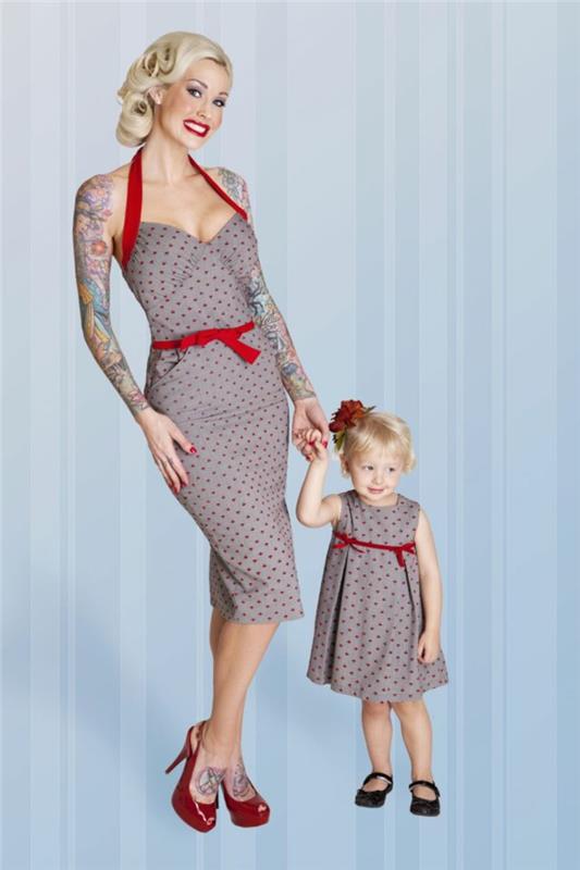 Ideja za čudovito obleko pin-up 50-ih let, kakšna obleka za rockabilly mamo in otroka