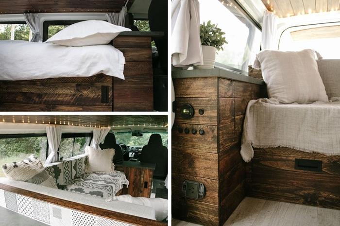 karavan mobilya koyu ahşap düzen küçük alan pencere ışık çelenk dekoratif tekstil nesneleri
