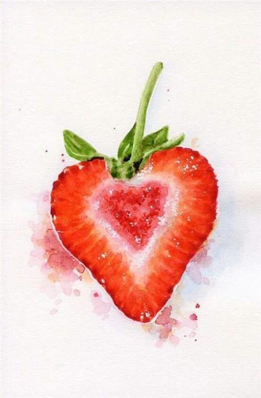 Pittura con acquarelli, disegno di una fragola, schizzo colorato con macchie