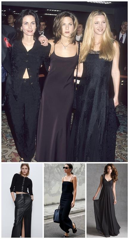 Prijateljski slavnostni večer z idejo dolgih črnih oblek pred tem, kostum iz 90. let, vintage oblačila za žensko elegantno obleko