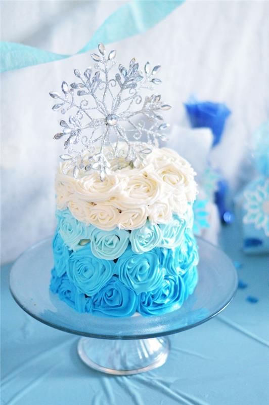 Mavi ve beyaz dekor kar kraliçesi kolay doğum günü pastası, orijinal yetişkin doğum günü pastası,