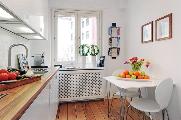 kako urediti majhno kuhinjo z belimi stenami, vizualno razširiti omejen prostor z belim pohištvom in barvo