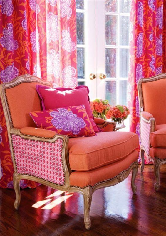 barva fuksije, kako barvati rožnato pohištvo in zavese v zelo elegantni dnevni sobi