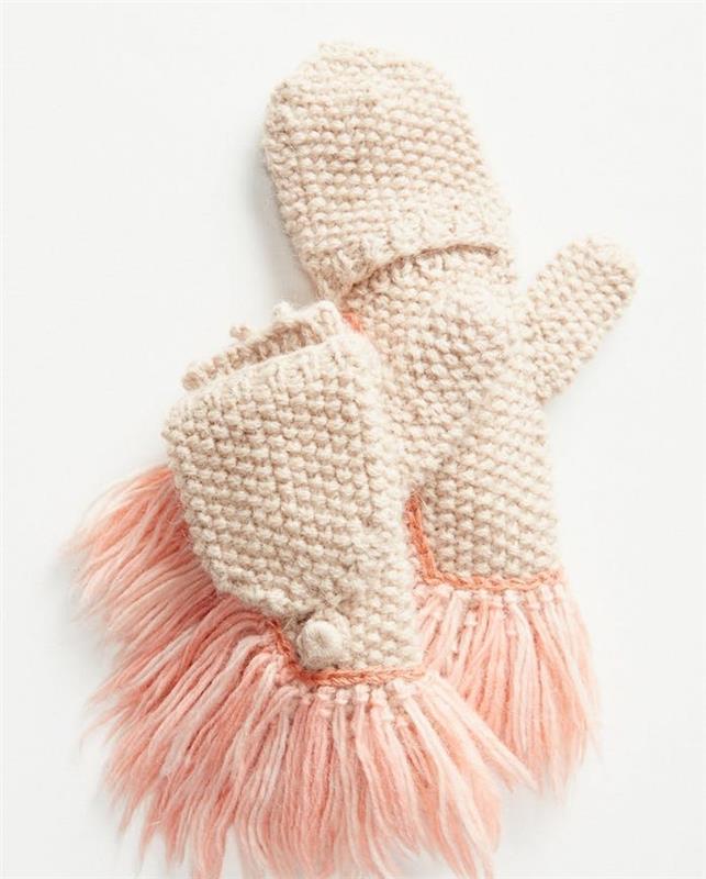 bele pletene rokavice z rožnatimi kapljicami, model božičnega darila za 12 -letno deklico