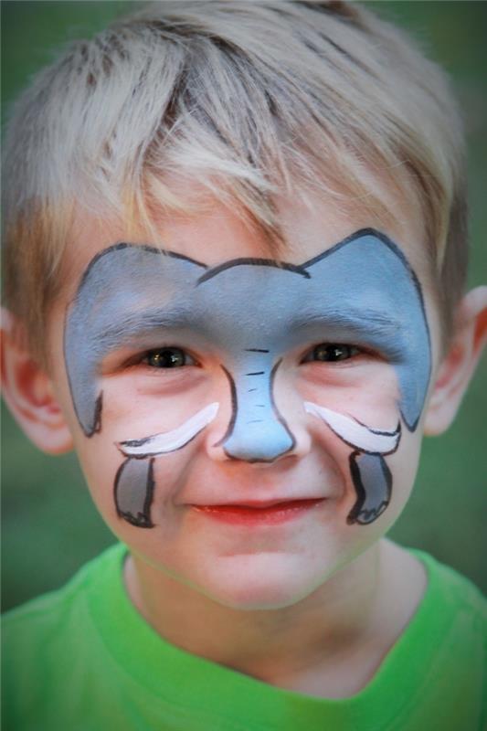 preprosta ideja ličila za noč čarovnic na temo živali, ideja, kako narisati slona na fantov obraz