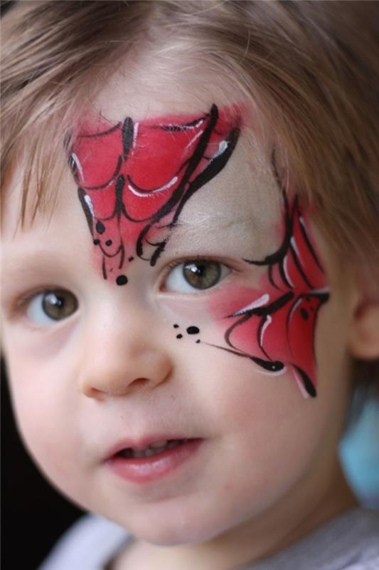 primer fantovskega ličila za noč čarovnic z učinkom pajkove mreže, otroške ideje za ličenje z enostavno rdečo in črno barvo