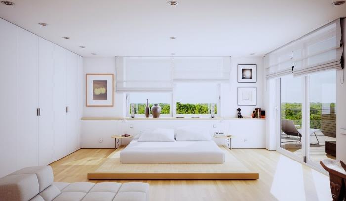 beyaz gardırop ve hafif ahşap parke ile modern tasarım yatak odası için renk, resimlerle duvar dekorasyonu