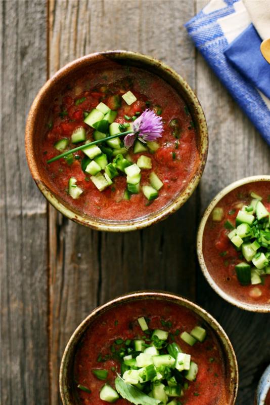 preprost in zdrav obrok, pripravljen iz svežih sestavin, andaluzijski gazpacho s paradižnikom, papriko in kumarami