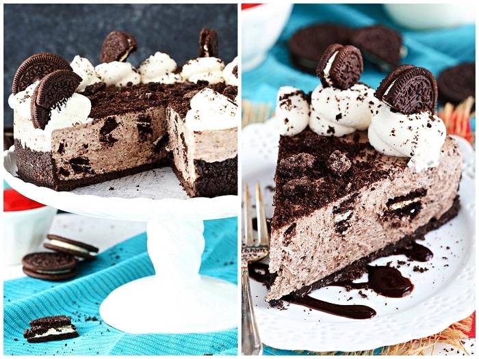 enostavna rojstnodnevna torta v slogu čokoladnega sira na osnovi oreo piškotov, oreo cheesecake z lepo dekoracijo iz stepene smetane in piškotov v prahu