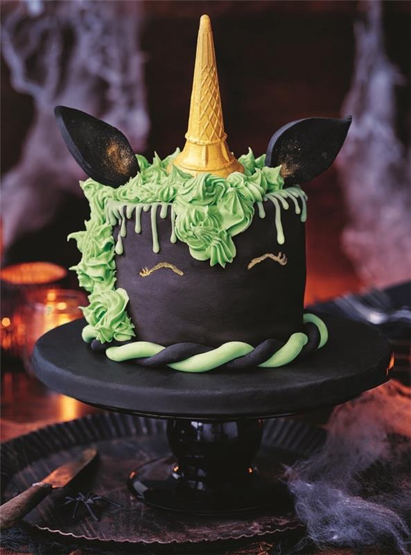 cadılar bayramı doğum günü pastası siyah ganaj çizim tek boynuzlu at gözleri yenilebilir işaretleyici nane kreması dondurma külahı