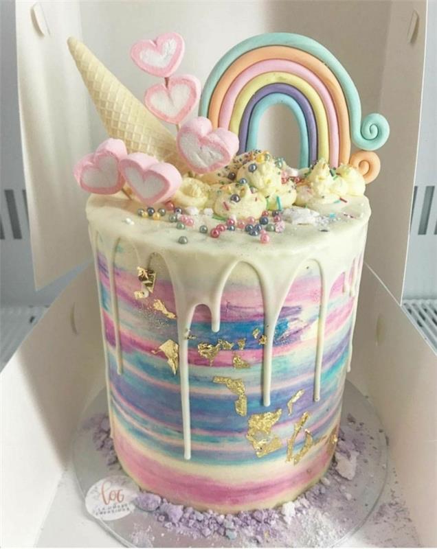 Tek boynuzlu at doğum günü pastasının renkli dekorasyonu için hatmi ve dondurma külahı, kadınlar için yetişkin bir doğum günü pastası nasıl süslenir