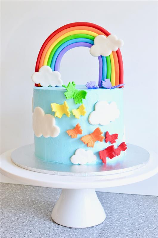 kaip pasigaminti vaivorykštinį gimtadienio tortą, dekoruotą dangaus mėlynumo glajumi, originalią torto dekoraciją iš debesų ir drugelių, suformuotų cukraus pasta