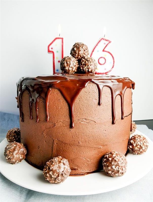 enostaven recept za torto nutella s tekočo čokoladno glazuro in kremo iz čokoladnega masla, okrašeno z domačimi bonboni ferrero rocher