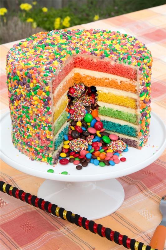 idėja sukurti originalų išmanųjį pyragą su keliais spalvingais sluoksniais, dekoruotą įvairiaspalviais cukraus konfeti