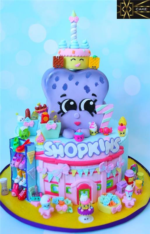 Güçlü pastel renklerde Shopkins şeker muhteşem pasta kabı, eğlenceli kişiselleştirilmiş doğum günü pastası kaban