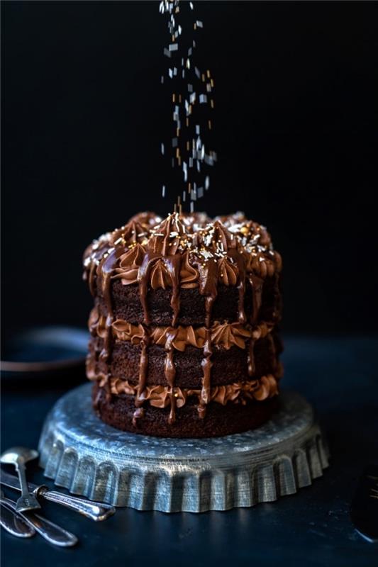 čokoladna gola torta iz mascarponeja iz treh čokoladnih biskvitov, prekritih z mascarponejem in čokoladno kremo